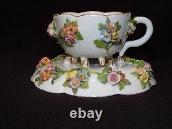 Antique 19th C Meissen Porcelain Applied 3D Flowers Cup & Saucer Crossed Swords