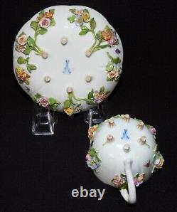 Antique 19th C Meissen Porcelain Applied 3D Flowers Cup & Saucer Crossed Swords