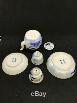 Antique 19th Century Chinese Porcelain Bleu de Hue Tea set, saucer, teapot, cups