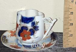 Antique 19th c. Porcelain Quatrefoil Cup Saucer Set Flow Blue Burnt Orange Gaudy