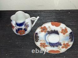 Antique 19th c. Porcelain Quatrefoil Cup Saucer Set Flow Blue Burnt Orange Gaudy