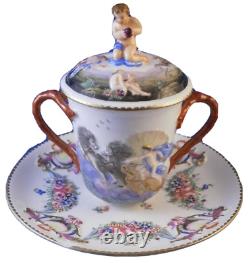 Antique 19thC Ginori Doccia Porcelain Lidded Cup & Saucer Porzellan Tasse As Is