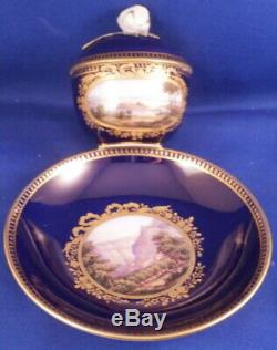 Antique 19thC Meissen Porcelain Cobalt & Scenic Lidded Cup & Saucer Porzellan