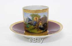 Antique 19thC Porcelain Cabinet Cup & Saucer with 2 Fighting Roosters