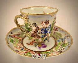 Antique Capodimonte Demitasse Cup & Saucer, People Partying