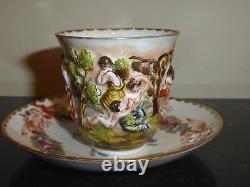 Antique Capodimonte Italian Porcelain Putti Cherubs Relief Cup And Saucer
