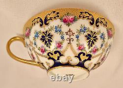 Antique Cauldon Cup & Saucer, Hand Painted Flowers, Ornate Cobalt Trim