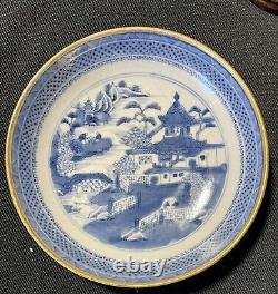 Antique Chinese Export Canton Blue & White Porcelain Cup & Saucer Pre 1891