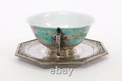 Antique Chinese Porcelain & Silver Cup & Saucer with Butterflies
