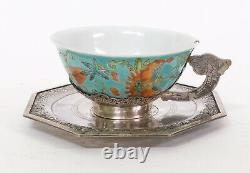 Antique Chinese Porcelain & Silver Cup & Saucer with Butterflies