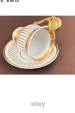 Antique Chocolate Cup Saucer Gold White Porcelain Embossed Stripe G-1225 Japan