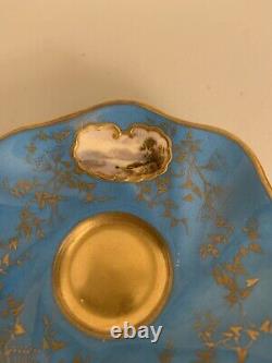 Antique Coalport Demitasse Cup & Saucer, Handpainted Mt/water Scene Gilded Gold