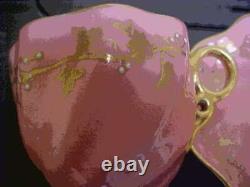 Antique Coalport Pink & Gold Jeweled Demitasse Miniature Cup & Saucer
