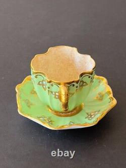 Antique Coalport and Tiffany & Co. Green & Gold Beaded Cup & Saucer