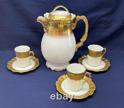 Antique Coiffe Limoges France Hand Painted Chocolate Pot And 3 Cups And Saucers
