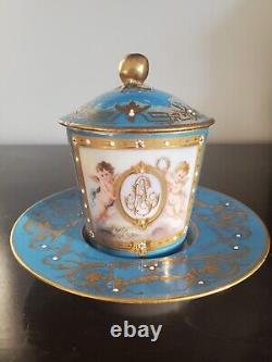 Antique Dated 1876 Old Paris Sevres Blue Celeste Jeweled Chocolate Cup & Saucer