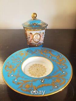 Antique Dated 1876 Old Paris Sevres Blue Celeste Jeweled Chocolate Cup & Saucer
