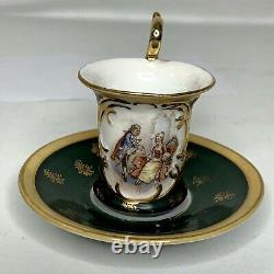 Antique Demitasse Cup And Saucer Courting Scene Germany Dresden Style Green Gold