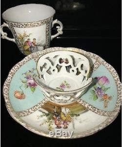 Antique Demitasse Dresden Porcelain Trembleuse Cup & Saucer Set See Photos