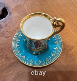 Antique Dresden Courting Couple Demitasse Tea Cup Saucer Set Gold Gilt