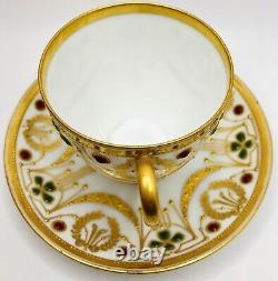 Antique Dresden Donath & Co Cup & Saucer Jeweled Raised Gold Deco Clover Wreath