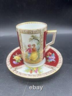 Antique Dresden Porcelain Burgundy Gold Hand Painted Chocolate Cup & Saucer