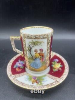 Antique Dresden Porcelain Burgundy Gold Hand Painted Chocolate Cup & Saucer