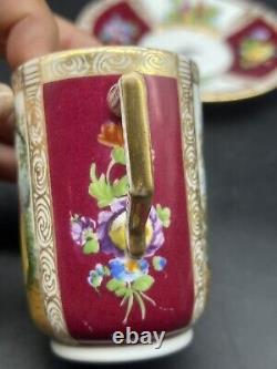 Antique Dresden Porcelain Burgundy Gold Hand Painted Chocolate Cup & Saucer