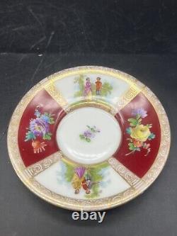 Antique Dresden Porcelain Burgundy Gold Hand Painted Chocolate Cup & Saucer