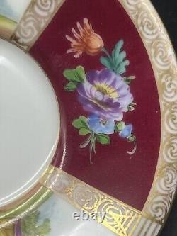 Antique Dresden Porcelain Burgundy Gold Hand Painted Chocolate Cup & Saucer