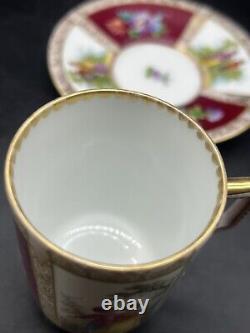 Antique Dresden Porcelain Burgundy Gold Hand Painted Chocolate Cup & Saucer