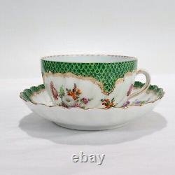 Antique Dresden Porcelain Cup & Saucer with Deutsche Blumen fish scales 2 PC