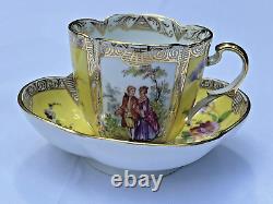 Antique Dresden R Klemm Watteau Quatrefoil Large Cup and Saucer Courting Couple