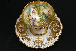 Antique Dresden Wehsener Hand Painted Watteau Scene footed sherbet Cup & Saucer