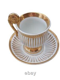 Antique European Tea Cup Saucer Gold White Embossed Stripe Porcelain G-1225