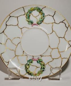 Antique French Empire Old Paris Porcelain Cup Saucer Green Wreath in Relief Gilt