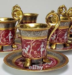 Antique German Decorator Studio Nymphs Gold/Silver Tone 6 Porcelain Cups Saucers