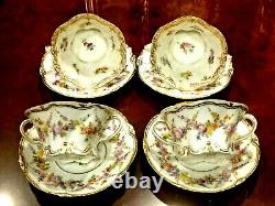 Antique German Meissen Dresden Hand Painted Porcelain 4 Tea Or Sup Cups & Saucer