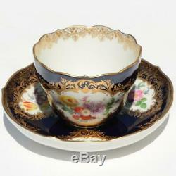 Antique German Meissen Porcelain Gilded Cobalt Blue Flower Tea Cup Saucer Plate