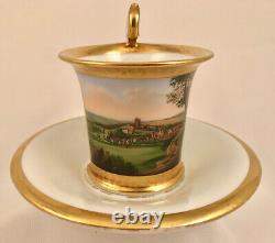 Antique German Topographical Cup & Saucer, Biedermeier Period