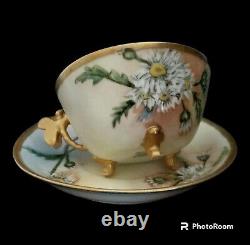 Antique Guerin Limoges WG & Co Hand Painted Tea Cup & Saucer Dragonfly Handle