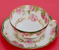 Antique Haviland Limoges Porcelain Pink DROP ROSE Cup + Saucer Schleiger 65b