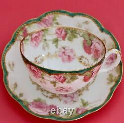 Antique Haviland Limoges Porcelain Pink DROP ROSE Cup + Saucer Schleiger 65b