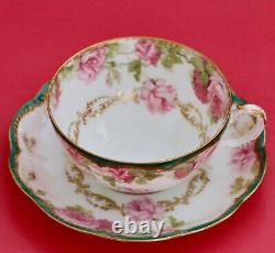 Antique Haviland Limoges Porcelain Pink DROP ROSE Cup + Saucer Schleiger 65b