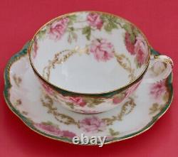 Antique Haviland Limoges Porcelain Pink DROP ROSE Cup + Saucer Schleiger 65b