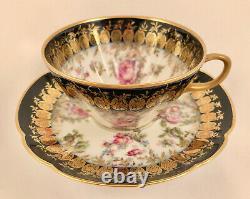 Antique Haviland Limoges Tea Cup & Saucer, Roses, Cobalt Blue & Gold
