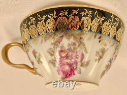 Antique Haviland Limoges Tea Cup & Saucer, Roses, Cobalt Blue & Gold