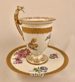 Antique Hirsch Dresden Chocolate Cup & Saucer, Figural Handle, Summertime Flower