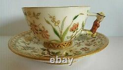Antique Hungarian Herend Zsolnay Style Enameled Cup And Saucer On Pierced Feet