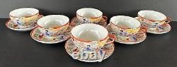 Antique Japanese Geisha Girl (6) Cups & Saucers Hand Painted Porcelain c1920